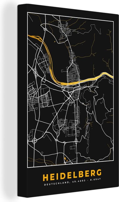 Canvas Schilderij Heidelberg - Duitsland - Goud - Stadskaart - Plattegrond - Kaart - 20x30 cm - Wanddecoratie