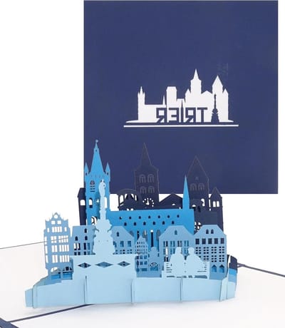 Pop-up kaart Trier - 3D wenskaart Panorama kaart - Stedentrip herinnering - Filigraan papiersnijwerk - 11 x 17 cm - Blauw
