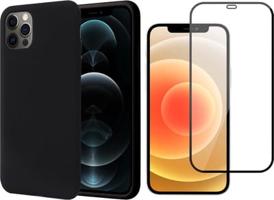 Hoesje geschikt voor iPhone 12 / 12 Pro - Screenprotector FullGuard - Zwart Liquid Siliconen Case