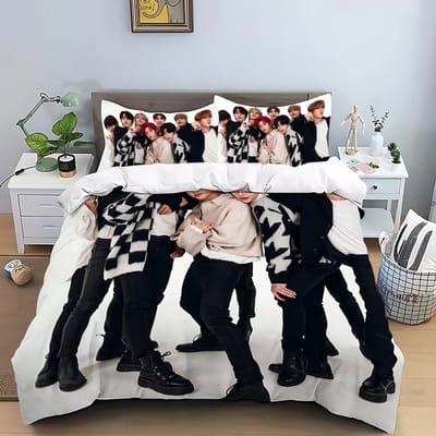 KPOP Dekbedovertrek Kussensloop S-Stray-K-Kids Beddengoed Set Volwassene Jongen Meisje Slaapkamer Decoratie Kindercadeau Enkel Dubbel Grote Maat AU Single(140*210cm)3pcs