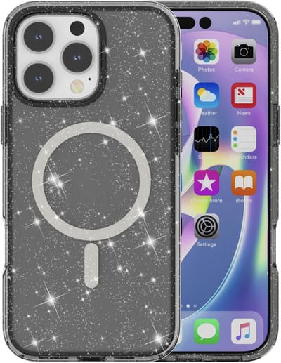 YPCd Glitter Hoesje met MagSafe voor Apple iPhone 16 Pro Max – Shockproof TPU Backcover – Verhoogde Randen – Transparant Zwart
