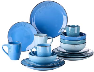 Lucenzo Serviesset - 16 delig - 12 persoons - Mix blauw - Dinerborden - Bordenset - Diepe borden - Ontbijtborden - Servies - Keukenservies