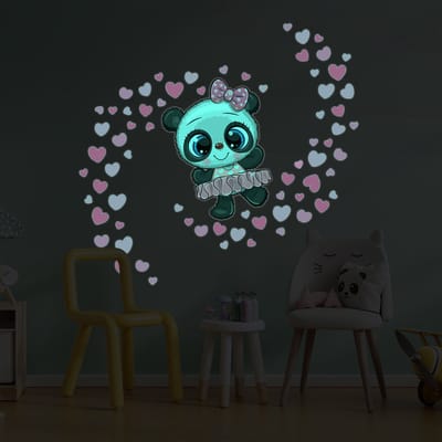 Lichtgevende sticker - PANDA BALLERINA EN 70 HARTJES - Fluorescerende muur-/plafondsticker voor kinderen - 90x90cm