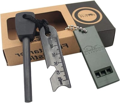 7-in-1 Camping Aanmaakset met Houten Handvat, Dikke 5/16 Inch Vonkspuiter en Traditionele Schraper voor Overleving en Wildkamperen