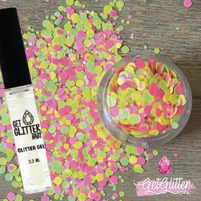 GetGlitterBaby® - Biologische / Biologisch afbreekbare Groene Gele Chunky Festival Glitters voor Lichaam en Gezicht Jewels / Biodegradable Face Body Glittergel - Groen / Geel / Roze en Glitter Gel HuidLijm