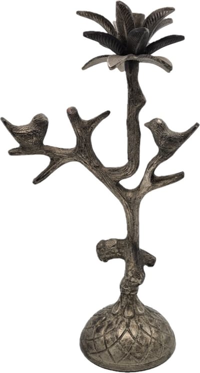Deco4yourhome® - Kandelaar - Bird - Vogel - Palmboom - Grijs - Silver Antique