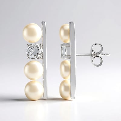 Cavill - Zilveren oorbellen gerhodineerd - 925 Sterling Zilver - 6 mm Witte Zoetwaterkweekparels + 1,1 ct Witte Topaas - Elegant & Tijdloos - 24 mm