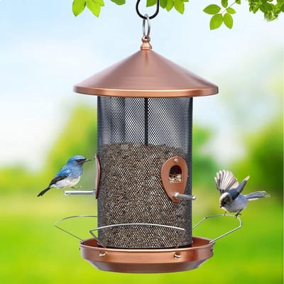 Famanu – Groot vogelvoederhuisje voor wilde vogels - metalen gaas van 32 cm - hangend voederstation voor tuin en terras - koperkleurig