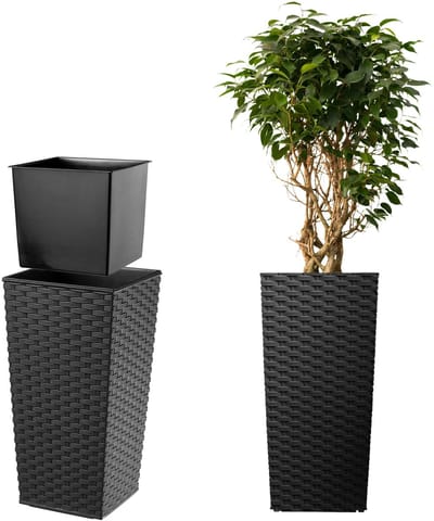 KADAX Bloempot bloembak van kunststof plantenbak voor bloemen binnen en buiten tuin balkon terras huis weerbestendig imitatie rotan (75 cm hoog zwart rotan) 75cm Hoogte