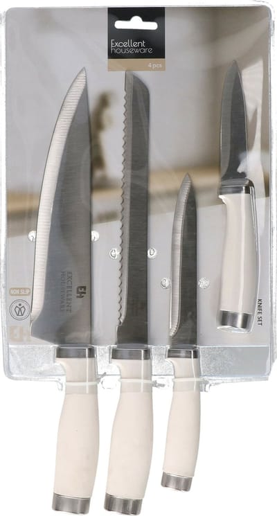Excellent Houseware chef keuken messen set 4 delig - rvs metaal/kunststof - handvat creme wit
