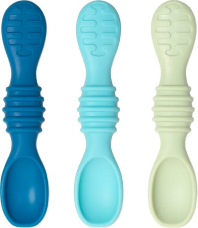 Bumkins - Silicone Dipping Spoons Siliconen Baby Diplepels – Set van 3 Ergonomische Oefenlepels – Zacht Baby Bestek en Bijtspeeltje voor Zelfstandig Leren Eten – Vanaf 3 Maanden - Gumdrop