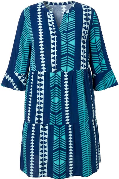 Ulla Popken - Dames - Jurk grafische print tuniekhals 3/4-mouwen - Inktblauw - Maat 50+