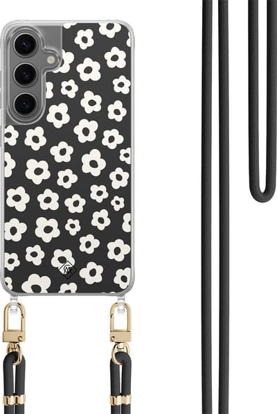 Casimoda® hoesje met koord - Geschikt voor Samsung S24 - Retro Bloempjes - Afneembaar koord - TPU/polycarbonaat - Zwart