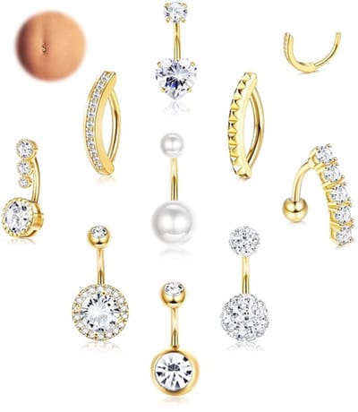 Dailygoods- Navelpiercing 9 Stuks - Chirurgisch Stalen Navelstaafjes - Hypoallergene Navelringen - Goud/Zilver - 10 mm - Tijdloze Ontwerpen - Piercing