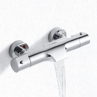 Bad-douchekraan met watervaluitloop, thermostatische badmengkraan van messing, badkraan met veiligheidsknop op 38 °C, douchekraan met 2 uitgangen, hartafstand 150 mm