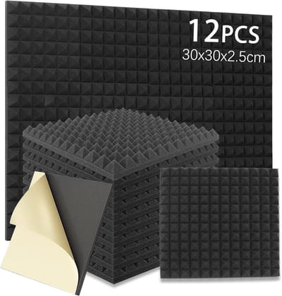 Famanu – Akoestisch schuim, zelfklevend geluidsabsorberend noppenschuim, met piramidevormige noppen, geluiddempingsmat, akoestisch paneel, 30 x 30 x 2,5 cm, 12 stuks