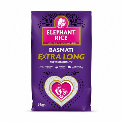 Elephant Rice Premium Extra Lange Basmatirijst 5 kg - Perfecte Korrels voor Een Heerlijke Rijstmaaltijd, Luchtige Textuur