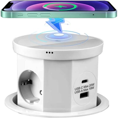 Casa Living Oplaadstation - Pop-up Station - Tafelcontactdoos - 15W Draadloos Opladen - USB-C & USB-A Poorten - Wit Design