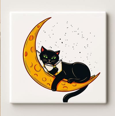 Zwarte Kat op Maan Tegel – 15x15cm Mystieke Nacht Kunst Muurdecoratie voor Kattenliefhebbers, Huis & Cadeau Ideeën