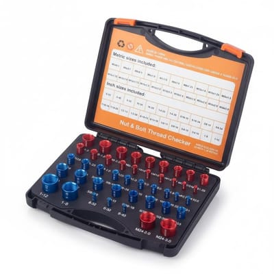 NTH products- Moer- en Boutdraadcontroleur 44 Stuks - Aluminium Meters - SAE/Metrisch - Opbergdoos met Labels - Draadspoed Meten - Handige Set - Draadmeter