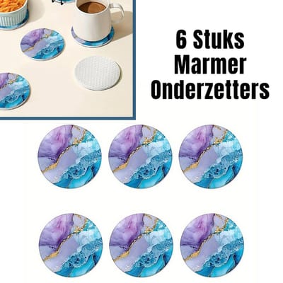 Allernieuwste.nl® Luxe SET 6 Stuks Marmer Onderzetters voor Glazen Goud Blauw - Coasters - Rubber Rond 10 cm Goud-Blauw-Paars - 6 Stuks %%