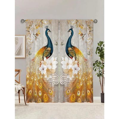 2 stuks Nieuwe Stijl Goud Veer Pauw Bedrukt Decoratief Raamgordijn Voor Woonkamer Slaapkamer Badkamer Keuken Deur Huisdecoratie W50xH130(CM)x2pcs&Rod Pocket