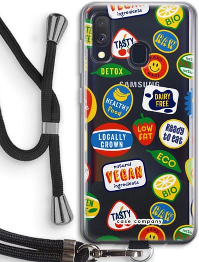 Case Company® - Hoesje met koord geschikt voor Samsung Galaxy A40 hoesje met Koord - Fruitsticker - Telefoonhoesje met Zwart Koord - Bescherming aan alle Kanten en Over de Schermrand