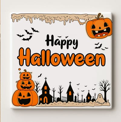 Happy Halloween Tegel – Griezelige Pompoen & Spookhuis Wanddecoratie – Keramische Tegel 15 × 15 cm