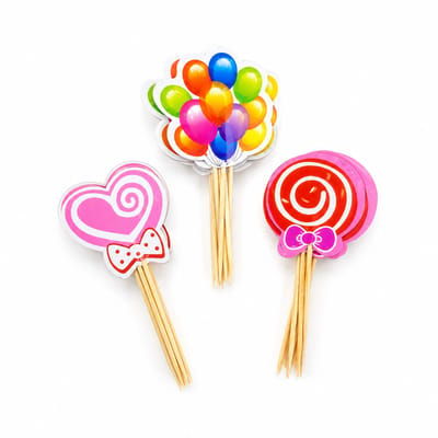 24 Stuks Cocktailprikkers – Feestdecoratie - Cupcake toppers - Hartjes lollies ballonnen - Kinderfeestje versiering – Traktatie prikkers – LOUZIR