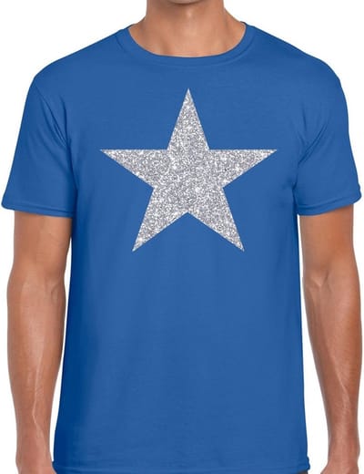 De Ster van de show - verkleed t-shirt - blauw - met zilveren ster in glitters - heren - glamour - Disco S