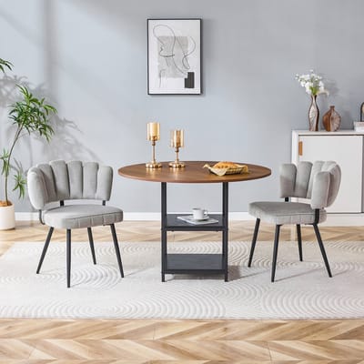 FloraGrace Ronde Eettafelset 107 cm - 2 Stoelen met Dubbele Opberglagen - Voor Kleine Ruimtes - Walnootlook en Stof - Lichtgrijs
