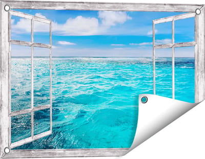 Gards Tuinposter Doorkijk Blauwe Caribische Zee Water - 60x40 cm - Tuindoek - Tuindecoratie - Wanddecoratie buiten - Tuinschilderij
