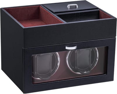 Multi-functionele Horloge Winder voor 2 Horloges, Automatische Horloge Display, LED Verlichting en Stille Motor, Luxe Sieradenopbergdoos in Wijnrood
