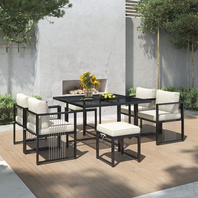 STILVORA Tuinmeubelset 117x117 Cm - 7 Delig Met Tafel En Stoelen - Met Voetenbankjes En Kussens - Voor Tuin En Terras - Metaal Glas