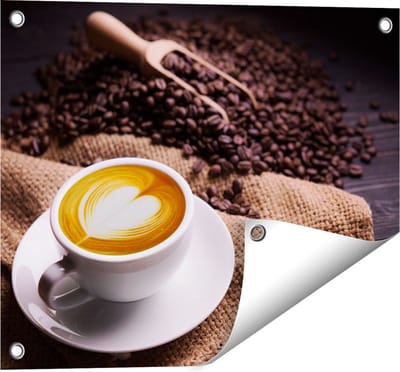 Gards Tuinposter Kopje Koffie in een Hartje met Koffiebonen - 50x40 cm - Tuindoek - Tuindecoratie - Wanddecoratie buiten - Tuinschilderij