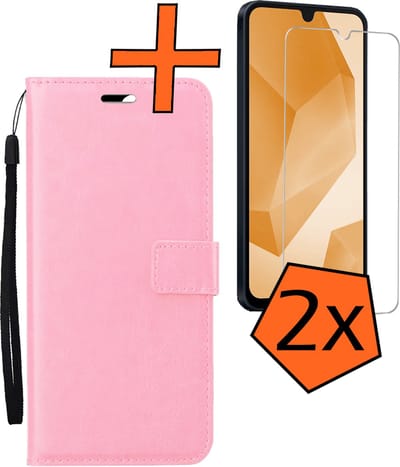 Hoes - Met 2x Screenprotector - Geschikt voor Samsung Galaxy A16 - Luxe Pasjeshouder - Bookcase Portemonee - Flip Case - Kunstleer Book Case - Flipcase Hoes - Book Cover - Walletcase - PortemonneeHoes - Lichtroze