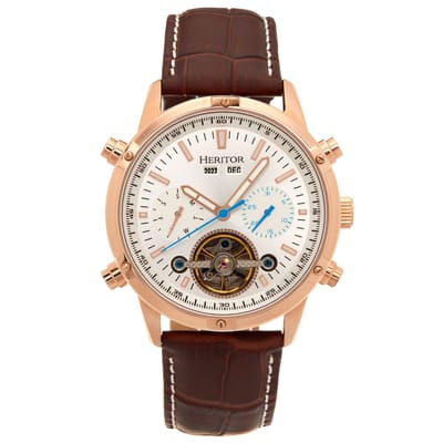 Heritor Automatic Wilhelm Semi-Skelet leren band horloge met dag/datum - bruin/roségoud