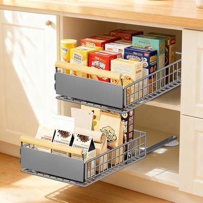 Telescopisch Keukenkast Lade Systeem, 2 Stuks, Volledig Uittrekbaar, Geen Boren, Organiser voor Diepe Kasten, Tot 25 kg, Grijs, 39.5 x 23.5 x 11 cm, Keukenopslag, Lade Organizer, Keukenaccessoires