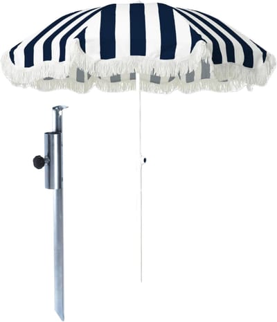 Strand / tuin / camping parasol - met metalen grondharing - blauw/wit - D180 cm - verstelbaar - UV straling bestendig