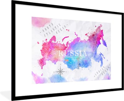 Poster in lijst - Fotolijst 120x80 cm - Posters - Wereldkaart - Rusland - Waterverf - Posterlijst zwart - Decoratie - Wanddecoratie woonkamer - Muurdecoratie slaapkamer