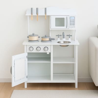 Maxx kidz - Houten Speelgoed Keuken - Complete Speelkeuken - Wit Keukentje - Stevige Kinderkeuken met Accessoires - Speelgoedkeuken met Pannetjes en Bestek
