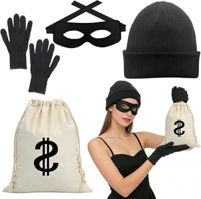 Vierdelig Bankoverval Kostuum met Gebreide Hoed, Masker, Handschoenen en Tas voor Carnaval en Cosplay Feestjes