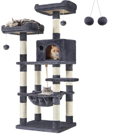 Hoppa! XXL Kattenboom - Krabpaal - Rookgrijs - MDF/Pluche/Sisal - 56 x 46 x 144 cm (L x B x H)