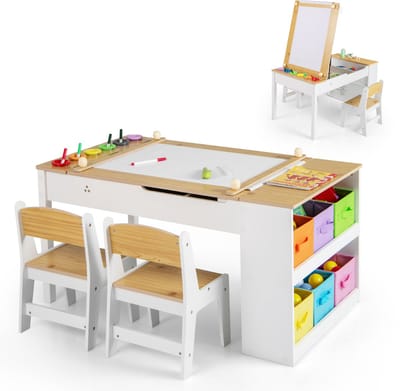 COSTWAY Kindertafel met 2 stoelen, 3-in-1 activiteitstafel en schildersezel van hout met optilbaar tafelblad met gekleurde bekers, 6 stoffen containers en papierrol, kinderzitgroep voor vanaf 3 jaar,