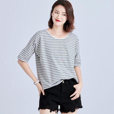 Printemps Nouveau T-shirt à Manches Courtes Ins Version Coréenne Filles Col Rond Décontracté Hauts Imprimés Vêtements pour Femmes Tendance et Mignons XL gray