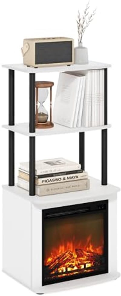 2-Tier Tall TV Bijzettafel met Open Haard Inzetstuk – Effen Wit/Zwart