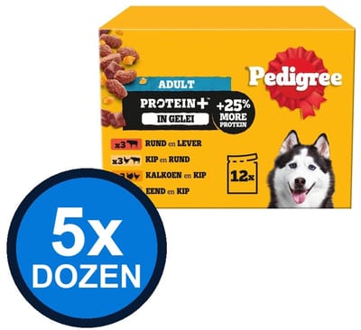 5x Pedigree - Pouch Adult Gelei Protein+ Multipack (12x85g) - Hondenvoer Natvoer - 1.02 kg
