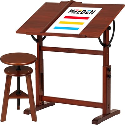 MEEDEN Vintage Wooden Drawing Board and Stool Set, Artist Drawing Board and Craft Table with Adjustable Height, Tilting Table Top for Artworks, Graphic Design, Writing