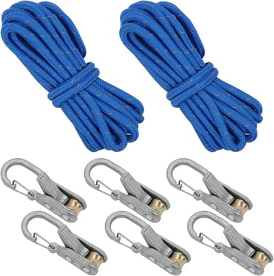 Touwratel - Reflecterende scheerlijnen - touwspanner met rollers - 2 Touwen met 6 Span Klemmen - Sterk en Weerbestendig - Geschikt voor Kamperen, Tuin, Luifels en Tenten - Blauw