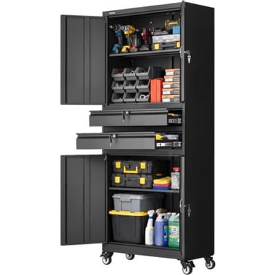 VEVOR metalen opbergkast, garagekast met 4 deuren, 2 laden, 4 wielen, 2 verstelbare planken, 1905 mm hoge kast, 81,5 kg draagvermogen, multifunctionele kast voor garage, kantoor, werkplaats, zwart